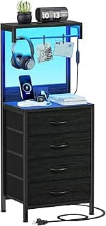 Furnulem Tall Nightstand with Charging Station, Night Stands with LED Lights and Storage Shelves, Bed Side Table for Bedroom, Hallway, Office, 4 Fabric Drawers (Black Oak)