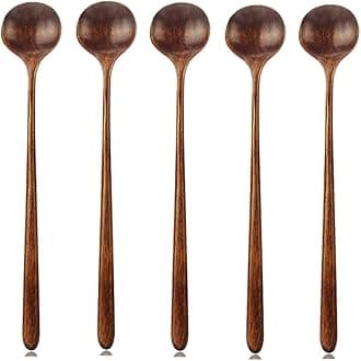 AOOSY Long Spoons Wooden, 5 Pieces Korean Style 10.9 Inches 100% Natural Wood Long Handle Round Spoons for Soup Cooking Mixing Stirrer Kitchen Tools Utensils (Korean Style Soup Spoon)