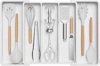 Utensil Drawer Organiser, Extendable Cutlery Tray for Kitchen, Adjustable Silverware Flatware Holder, Plastic Kitchen Spatula Tools and Gadgets Storage Divider, Large, White