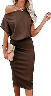 Women's Summer Dress Off The Shoulder Short Sleeve Ribbed Casual Party Bodycon Midi Dresses