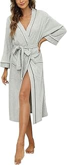 Womens Cotton Robe, Soft Kimono Spa Knit Long Bathrobe Lightweight Loungewear
