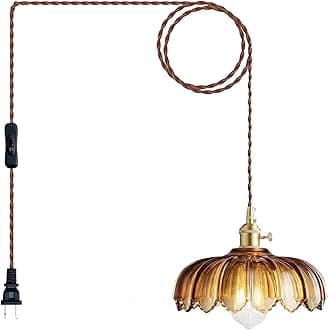 XZHGCEE Plug in Pendant Light: Amber Glass Hanging Lamp Plug in, 14.7ft Swag Lamp Cord with On/Off Switch for Kitchen Island/Dining Room/Bedroom/Living Room Hanging Light, No Bulb