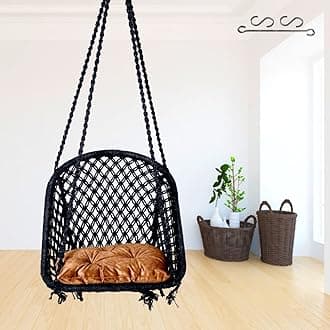 Patiofy Swing For Adults&Kids/Swing For Balcony/Swing Chair For Adults For Home/Cotton D Shape Wooden Swing/Jhula Swing For Indoor Outdoor Garden/Includes Hanging Kit&Brown Cushion-Black,20 Cm,60 In