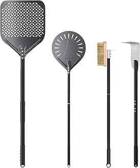 4 Piece Pizza Oven Kit Pizza Turning Peel 9 Inch, Perforated Pizza Peel, Pizza Oven Brush, Ash Rake, Wood Burning Commercial Pizza Oven Accessoires for Home, Restaurant
