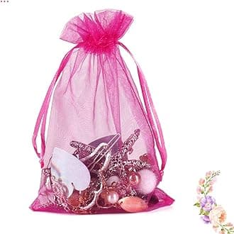 HRX Package Hot Pink Organza Bags 100pcs, 4 x 6 inch Mesh Drawstring Gift Bags Jewelry Pouches Small Sachet for Christmas Candy Party Favor