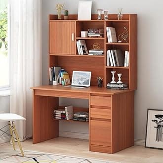 LITFAD Modern Computer Desk Work from Home Desk with Hutch, Bookcase and Integrated Cable Management, Rectangular Wood Office Desk 3 Drawers, 39.4" L x 17.7" W x 64.2" H, Brown