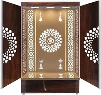 Sharvgun Wooden Temple Brown LED Light for Home and Office - Puja Mandir Wall Hanging & Table Top Designer Mandir With Doors (18 * 12 * 10), SHA01