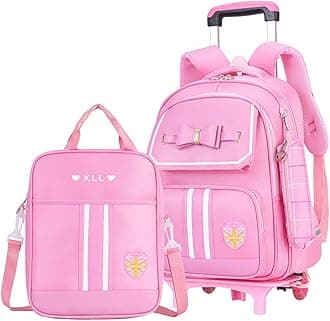 Rolling Backpack for Girls Cute Trolley Bags Primary School Bookbags with Wheels Kids Carry-On Wheeled Backpack with Lunch Bag