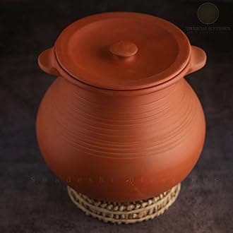 Swadeshi Blessings Handmade Exclusive Range Unglazed Clay HotCase/Earthen Pot for Cooking & Serving with Lid(Natural Firing Shade & Mirror Shine) (3 litres)