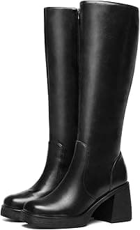 Black Knee High Boots for Women - Platform Tall Boots Square Toe Chunky Block Heeled Gogo Boots B 10