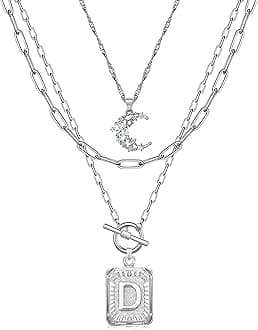 MJartoria Layered Initial Necklaces for Women Trendy, 14K Gold Plated Brass Simple Moon Choker Square Letter Pendant Necklace, Paperclip Chain Necklaces Jewelry Gifts