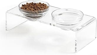 Elevated Acrylic Pet Bowl Stand – Raised Cat & Dog Bowls with 2 Glass & 2 Stainless Steel Bowls, Modern Clear Design, Non-Slip, Easy to Clean, Perfect for Small Pets, 3.75" Tall