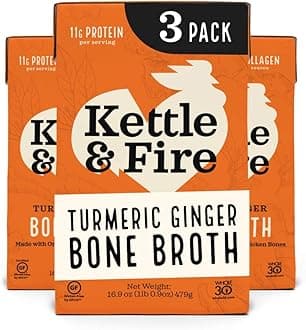 Kettle and Fire Turmeric Ginger Chicken Bone Broth, Keto, Paleo, and Whole 30 Approved, Gluten Free, High in Protein and Collagen, 3 Pack