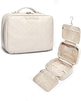 EACHY Travel Toiletry Bag with Hanging Hook, Portable Makeup Cosmetic Bags for Women, Water-Resistant Full-Size Travel Accessories (Plait White)