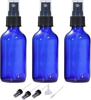 60ml Empty Blue Glass Spray Bottles,Small Fine Mist Atomiser Refillable Reusable Travel Spray Bottles for Essential Oil,Hair,Aromatherapy,Perfumes,Cleaning(3 Pack)