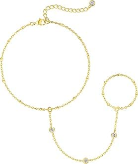 Bracelets for Women,14K Gold/Silver Plated Dainty Hand Chain Bracelets Trendy Ring Bracelet Charm Gold Cuff Bangle Stackable Bracelets Jewelry Adjustable 7"+2"