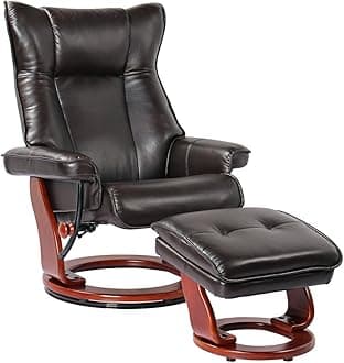 Benchmaster Morgan Java Swivel Faux Leather Recliner Chair with Ottoman Modern Armchair Ergonomic Push Manual Reclining Footrest Upholstered Bedroom Living Room Reading Home Relax Office Napping