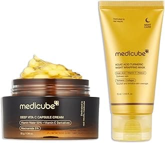medicube Glass Skin Refining Duo at Night: Deep Vitamin C Golden Capsule Face Moisturizer and Turmeric Overnight Wrapping Peel Off Mask