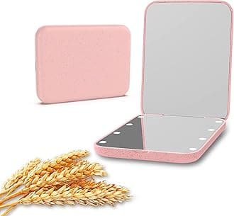 Kintion Wheat Straw Mirror, 1X/3X Magnification Pocket Mirror, Lighted Plastic Fiber Mirror, Folding Purse Mirror, Handheld Travel Mirror, Small Lighted Compact Mirror for Gift, Pink