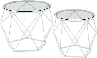 VASAGLE Round Coffee Tables, Set of 2 Side Tables, Modern Style, Removable Tabletop, Steel Frame, for Living Room, Transparent and Cloud White LGT040W01
