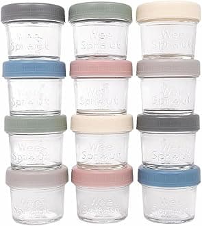 Glass Baby Food Storage Jars w/Lids (4 oz, 12 Pack Set) Snack, Puree, Reusable Small Containers, Breast Milk, Fridge or Freezer, Microwave & Dishwasher Safe, Essential Must Have for Infants
