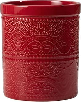 FUN ELEMENTS Kitchen Utensil Holder, 7.2" Super Large Utensil Crock Heavy and Stable Lace Emboss Ceramic Utensil Holder for Kitchen Counter (Christmas Red)
