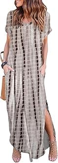HUSKARY Women's Summer Maxi Dress Casual Loose Pockets Long Dress Short Sleeve Split Maxi Dresses