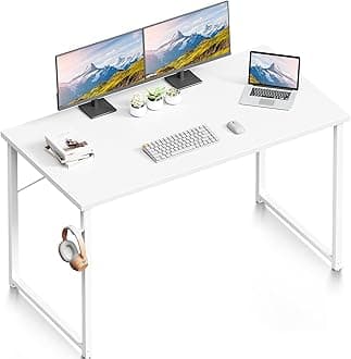ODK 48 Inches Computer Desk for Small Spaces, Study Table for Home Office, Writing Desk with Headphone Hooks, White