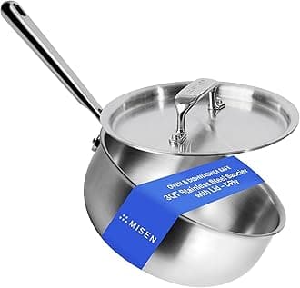 5-Ply Stainless Steel Saucier with Lid– Induction-Compatible Pan with Curved Sides for Smooth Stirring - Oven Safe to 800F – Even Heat Distribution & Ergonomic Handle - 3 QT