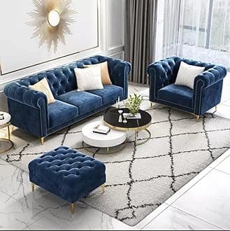 Modern & Classic 4 Seater Fabric & Valvet Tufted 3+1+1 Footrest Chesterfield Sofa for Living Room, Dining Room and Office-(Blue).