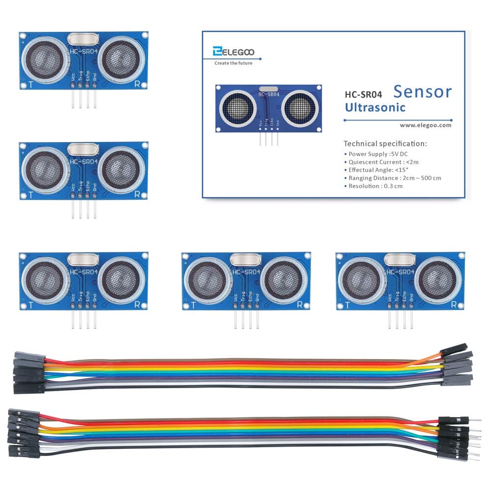 ELEGOO Ultrasonic Sensor 5 PCS Distance Sensor Kit with Jumper Wires, Compatible with Arduino, Raspberry Pi, Datasheet Available to Download