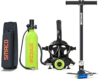 SMACO Mini Scuba Tank with Snorkel Mask 1L Portable Small Diving Tank with Sub Mask Reusable Pony Bottle with Full Face Diving Mask Diving Cylinder Kit for Snorkeling Recreational Diving S400Pro