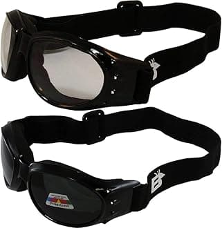 Eyewear Eagle Padded Motorcycle Safety Goggles 2 Pairs Black Frame w/Clear & Polarized Smoke Lenses, Day and Night Goggles