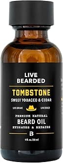Live Bearded Beard Oil, 1 fl oz - Premium All-Natural Jojoba - Made in the USA - Hair and Skin Care for Men with Dry, Flaky Patches | Tombstone Scent - Sweet Tobacco, Cedar