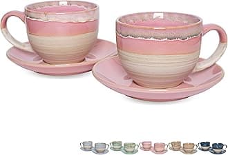 Bosmarlin Ceramic Cappuccino Cup and Saucer Set of 2, 10 Oz, Coffee Cups for Latte, Espresso, Tea, Dishwasher and Microwave Safe, Reavtive Glaze (Pink)