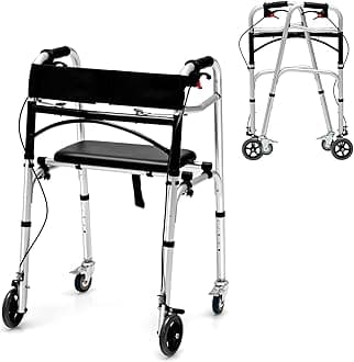 Walkers for Seniors, 4-in-1 Folding Walker with 5’’ Wheels, Detachable Seat, Height Adjustable Stand Up Walker, Medical Walking Mobility Aid, 350lbs Rolling Walker for Adult Bariatric Handicap