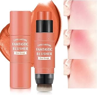 Cream Blush Stick for Cheeks - 2 in 1 Multi Makeup Blush with Brush for Cheeks Tint & Eyes & Lips, Waterproof Smooth Creme Texture, Long-lasting Wear All Day, #03 Coral Orange
