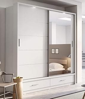 Arthauss Arti 5-2 Sliding Door Mirrored Wardrobe 200cm in White Matt - Flat Pack, LED-Lit Storage Solution with Hanging Rails and Drawers, Perfect for Modern Mirrored Furniture Lovers