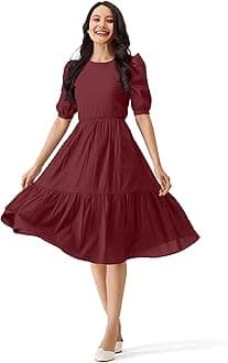 TRENDMALLS Dress for Women Cotton Blend Round Neck Half Puff Sleeve Flared Pleated Midi Western Dress