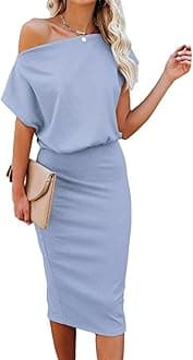 Ezbelle Women's 2025 Summer Dress Off The Shoulder Short Sleeve Ribbed Casual Party Bodycon Midi Dresses