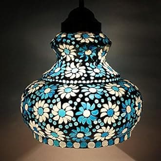 Surahi Shaped Large Size Glass Pendant and Hanging Lamp Turkish Style Blue in Colour and Handcrafted in India for Living and Home Decoration