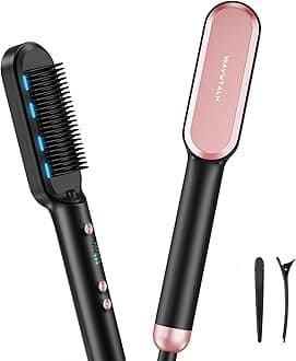 Hair Straightener Brush,Sleek Sweep Ionic Straightening Brush with 6 Temperature Adjust, Anti-Scald Ceramic Hair Straightener Comb Fast Heating for Home Salon, Dual Voltage, Rose Gold