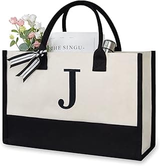 Personalized Initial Canvas Beach Monogrammed Tote Bag for Women, J, Medium