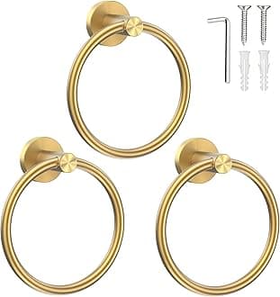 SetSail Towel Holder for Bathroom Wall Screw-in Gold Towel Ring Stainless Steel Hand Towel Holder Heavy Duty Towel Hanger for Bath, Kitchen Drill Hole, 3 Packs