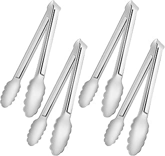 4 Pack Serving Tongs for Buffet,Metal Kitchen Tongs,Stainless Steel Food Tongs, Small Tongs for serving, Silver (7IN)