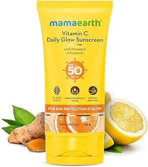 Mamaearth Vitamin C Daily Glow Sunscreen with Vitamin C & Turmeric | For Sun Protection, Tan Protection & Glow | SPF 50 & PA++++ Protection | No White Cast | Lightweight & Non-Sticky | Brightens Skin | In-Vivo Tested | For All Skin Types | 50 g