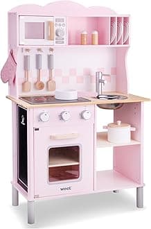 Woet® Pink Wooden Toy Kitchen for Kids - With Electric Hob, Oven and Sink - Pretend Play Kitchen Set - Age 3 Years+