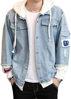 Men's Denim Hooded Jacket Casual Button Down Ripped Jeans Jacket Coat Outwear