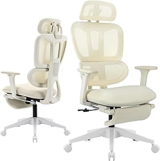 Ergonomic Office Chair with Footrest, High Back Computer Office Chair with Dynamic Lumbar Support, 2D Headrest, 2D Armrest, Sponge Seat, Mesh Home Office Desk Chair for Adults, Cream