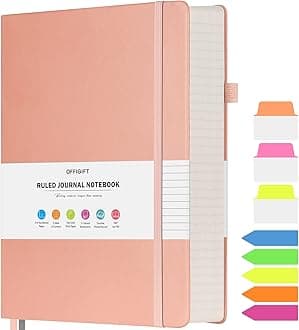 Lined Journal Notebook, Large A5 College Ruled Notebook, 312 Numbered Pages Work Notebook with Index Stickers, 100gsm Thick Paper, Hardcover Vegan Leather Journal for Women Men School Office, Pink